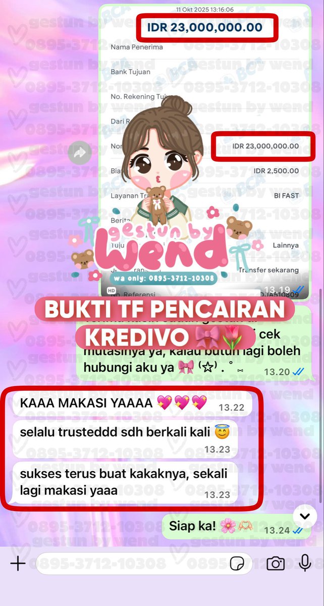 sheoon__'s tweet image. 📆 11 october ' 25 🎀 🪞#testigestunbywend
    ‼️SUPER BIG‼️

    🍒kredivo by va 💰Rp 25 JUTA
        ⤷sung cair Rp 23 JUTA

t. gestun kredivo cair hitungan menit
🌸𝅄 transaksi hanya di whatsapp!
☎️wa.me/62895371210308