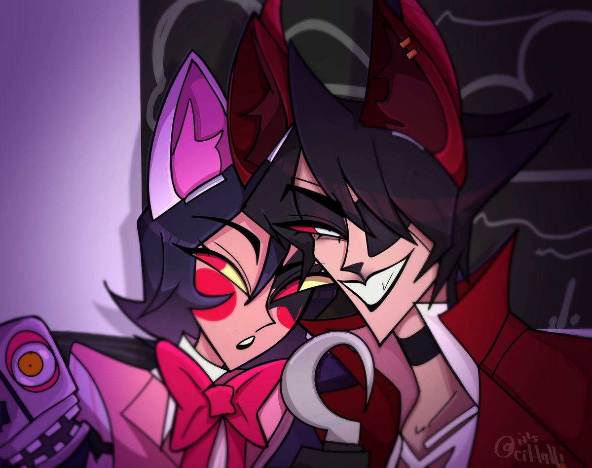 HAPPY HALLOWEEEEN!! (㇏(•̀ᵥᵥ•́)ノ)

Here's a drawing I did of Fer and her bf, Axel!
And yes, they dressed as Foxy and Mangle←～（o ｀▽´ )oΨ

<a href="/Eider_Abigael/">Axel ( ´∀`)</a> (biban los nbios)
⋆˚࿔ #OC #HazbinHotel #HelluvaBoss #HazbinHotelOC