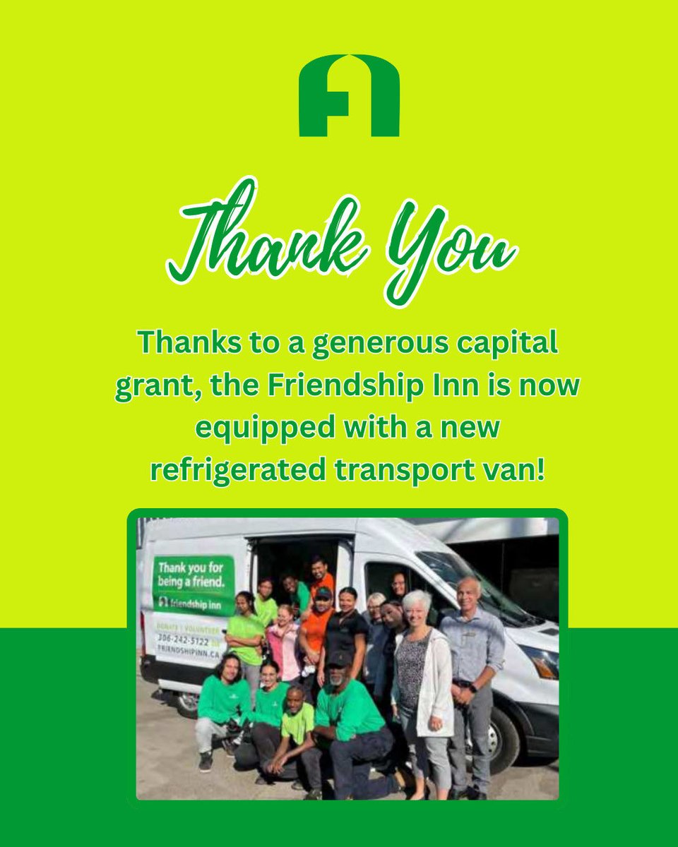 🚐💙 Thanks to a generous capital grant, the Friendship Inn now has a refrigerated transport van! This upgrade helps us safely pick up and deliver perishable food, prevent waste, and serve fresh meals to our community every day. 💛 #FriendshipInn #YXE