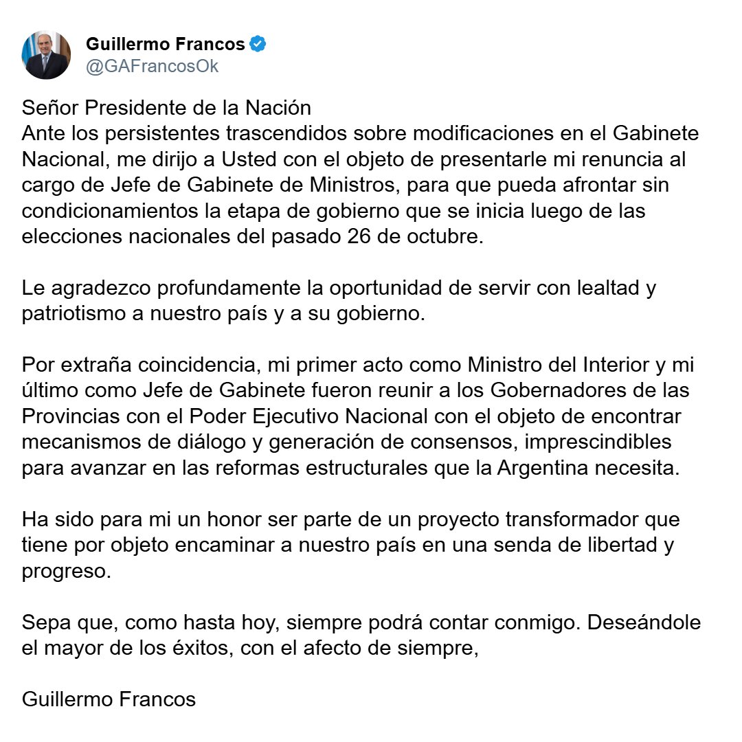 ‼Renunció el Jefe de Gabinete, Guillermo Francos
