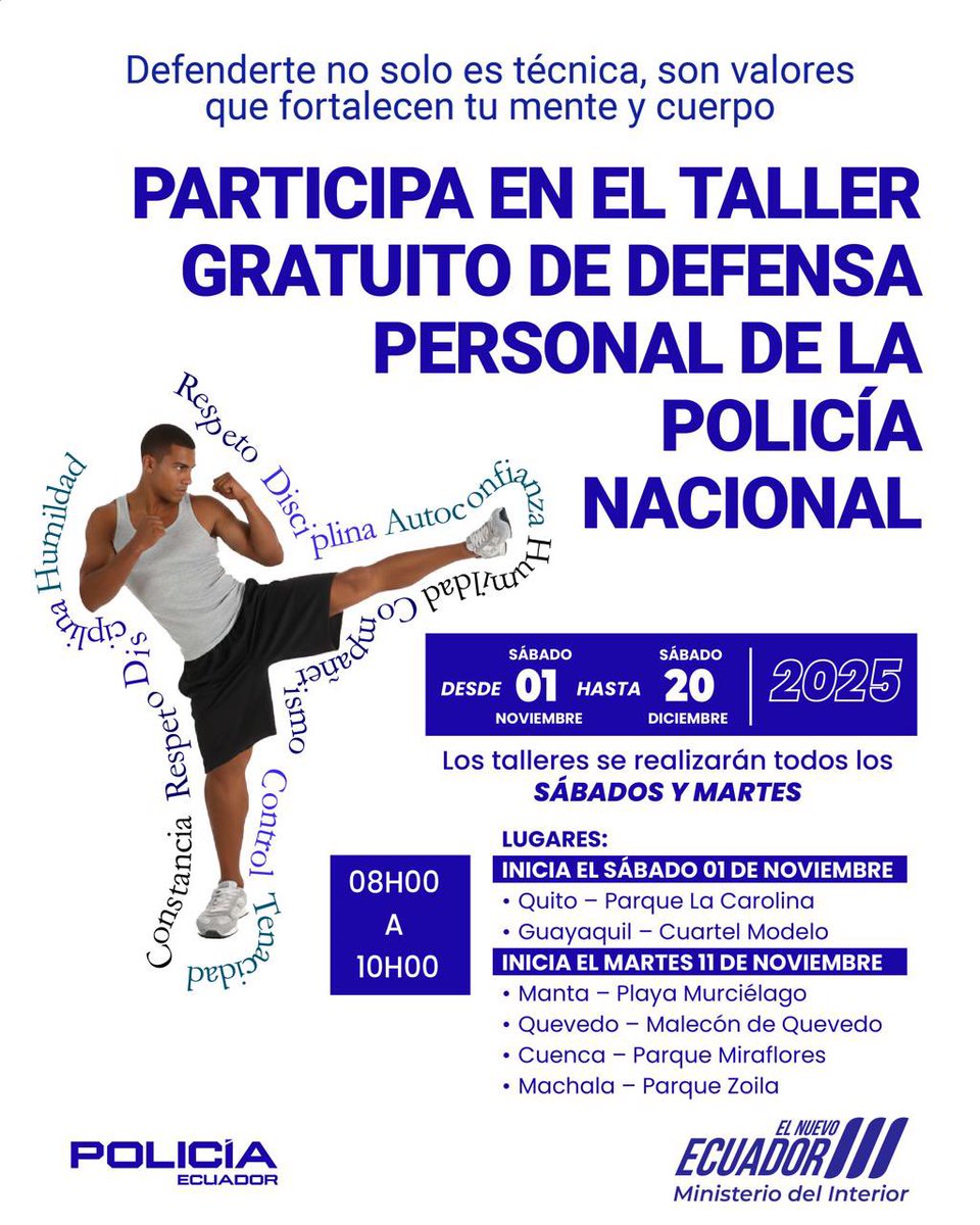 MinInteriorEc's tweet image. 👮‍♀️ 𝗣𝗔𝗥𝗧𝗜𝗖𝗜𝗣𝗔 𝗘𝗡 𝗘𝗟 𝗧𝗔𝗟𝗟𝗘𝗥 𝗚𝗥𝗔𝗧𝗨𝗜𝗧𝗢 𝗗𝗘 𝗗𝗘𝗙𝗘𝗡𝗦𝗔 𝗣𝗘𝗥𝗦𝗢𝗡𝗔𝗟 𝗗𝗘 𝗟𝗔 𝗣𝗢𝗟𝗜𝗖Í𝗔 𝗡𝗔𝗖𝗜𝗢𝗡𝗔𝗟

El Ministerio del Interior y la Policía Nacional te invitan a participar de los talleres de Defensa Personal.

🧠💪🏻 Fortalece tu mente y tu…