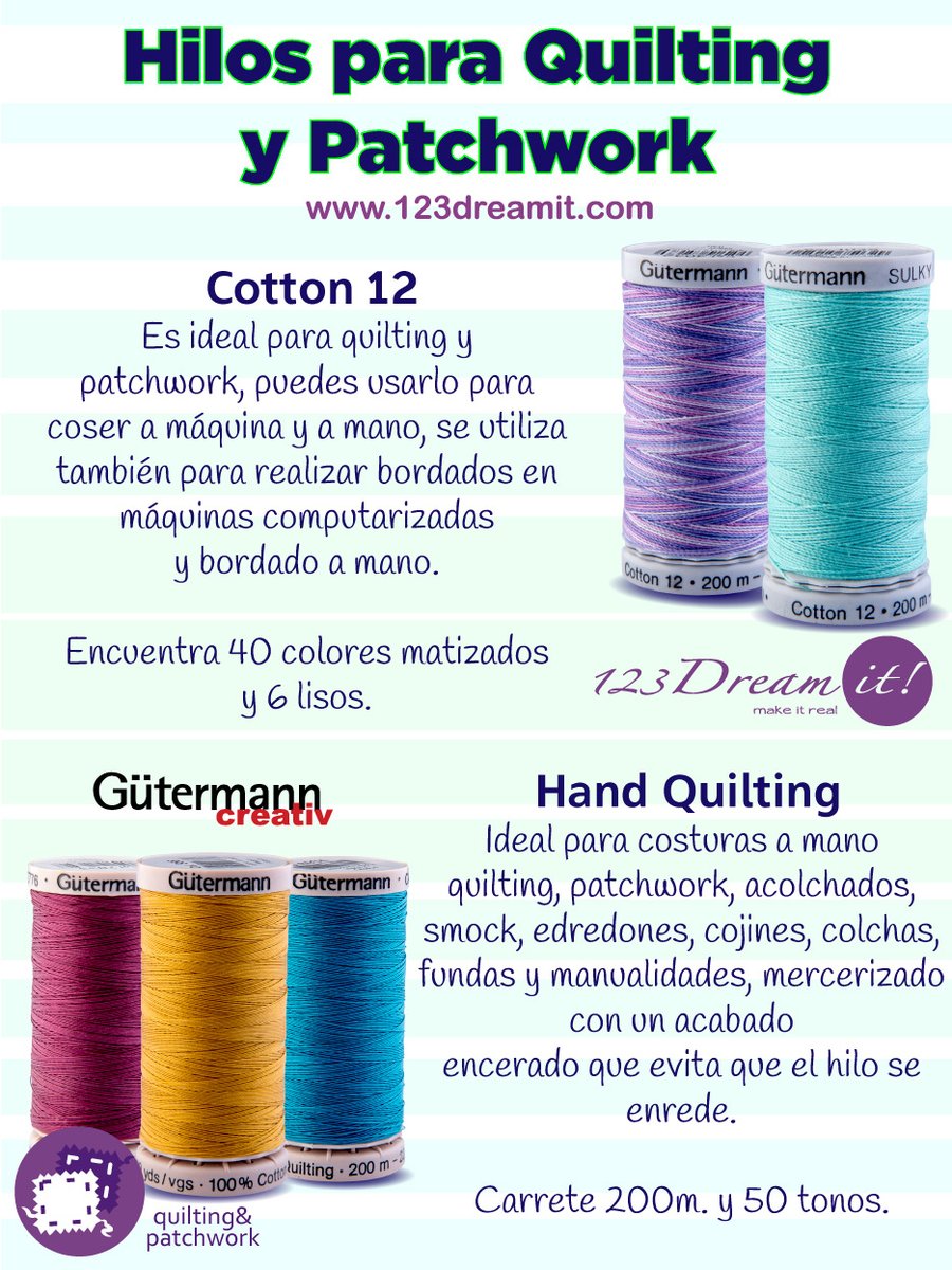 123dreamit's tweet photo. 🧵💚 Dreamer, si disfrutas del patchwork y quilting, elegir el hilo correcto hace toda la diferencia. Hoy te recomendamos 3 hilos perfectos para lograr costuras duraderas y bonitas. Tip: elige algodón para mantener compatibilidad con tus telas. 🪡 #DreamitTip #Quilting #patchwork https://t.co/KDFlFBwLaD