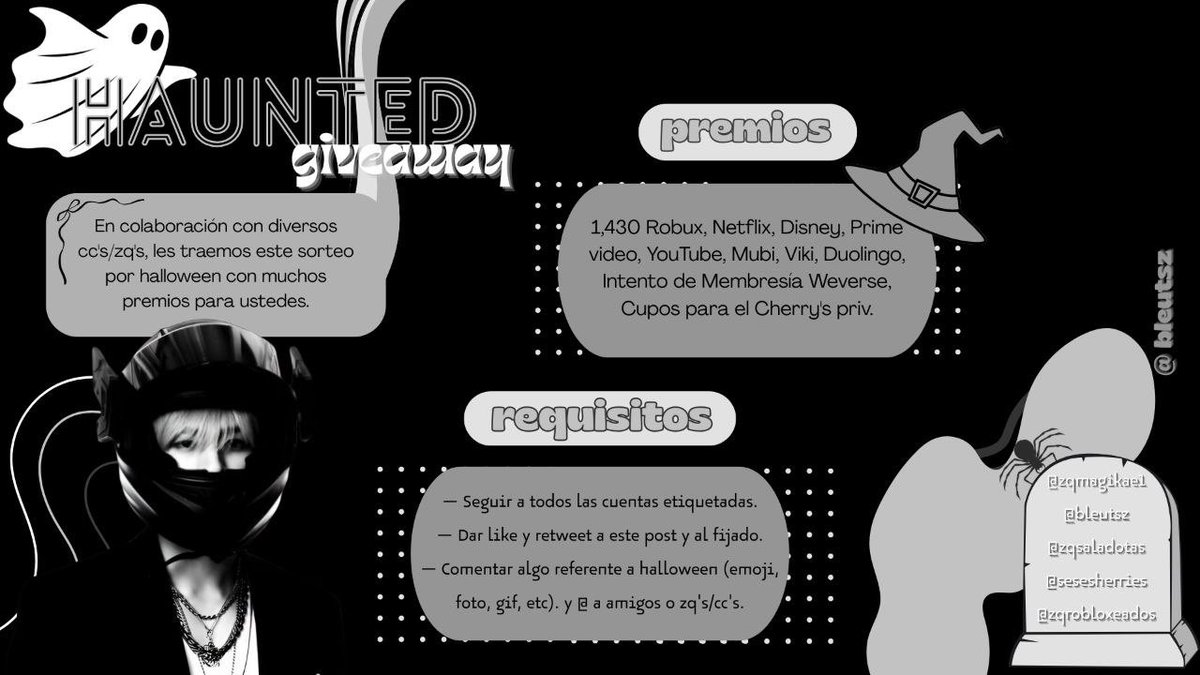 bleutsz's tweet photo. 𝐇𝐀𝐔𝐍𝐓𝐄𝐃 𝐆𝐈𝐕𝐄𝐀𝐖𝐀𝐘 ⎛⎝( ` ᢍ ´ )⎠)

entre zqs nos unimos para traer esta colaboración de muerte... 
¿𝘘𝘶é 𝘦𝘴𝘱𝘦𝘳𝘢𝘴 𝘱𝘢𝘳𝘢 𝘱𝘢𝘳𝘵𝘪𝘤𝘪𝘱𝘢𝘳? 👻 ̟࿔
mira el siguiente tweet y sigue los pasos para tener la oportunidad de llevarte uno de los tres lugares.ᐟ https://t.co/MXfZlncv7m