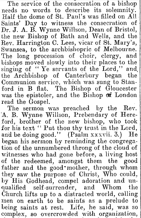 AustAnglican's tweet photo. 1 November 1921: consecration of the Rev. Harrington Clare Lees (1870-1929), incumbent of Swansea (Church in Wales), @StPaulsLondon, to succeed Henry Lowther Clarke (one of the consecrators) as Archbishop of Melbourne. #anglican #104years No.71 in the Australian episcopate. https://t.co/eNQx0opIRr