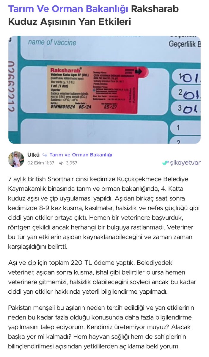 silaozyiilmaz's tweet photo. 27 Ekim 2025 tarihinde Kocaeli / İzmit Tarım ve Orman Bakanlığı’nda kedime yapılan Raksharab marka kuduz aşısı sonrasında yaşanan toksik reaksiyon sonucu, herhangi bir sağlık problemi bulunmayan 4.5 yaşındaki kedim aynı gün içinde saatlerce kusup gördüğü tüm tedavilere rağmen hayatını kaybetti.

Araştırmalarım sonucu, aynı aşıyı yaptıran birçok hayvan sahibinin benzer şekilde kedilerini kaybettiğini veya ciddi yan etkiler yaşadıklarını gördüm (örnek paylaşımları aşağıda görebilirsiniz).  
Veterinerimiz de bizden önce benzer vakalarla karşılaştıklarını ve durumu Tarım ve Orman Bakanlığı’na bildirdiklerini söyledi.

Ancak biz İzmit Tarım ve Orman Müdürlüğü’nü arayıp durumu ilettiğimizde,  
“Biz kimseyi buraya zorla aşıya getirmiyoruz, yan etkiler olabilir, söylememize gerek mi var,bilmeniz gerekiyordu.”  
gibi duyarsız bir yanıtla karşılaştık.  
Üstelik aşının menşei konusunda bile tutarsız bilgiler verildi — telefonda konuştuğumuz çalışan aşıların ithal olmadığını,Türk enstitülerinde yapıldığını söylerken, başka bir çalışan 15 yıldır Hindistan menşeli aynı firmadan alındığını ifade etti.  

Kuduz aşısı, Türkiye’de 5996 Sayılı Kanun gereği yasal olarak zorunlu bir uygulamadır.Böyle zorunlu tutulan bir uygulamada ihmalin ya da 
denetimsizliğin söz konusu bile olmaması gerekir.
Hiçbir can, yasal bir zorunluluk nedeniyle yapılan bir işlem sonucunda hayatını kaybetmemeli.Hayvan sağlığını ve sahiplerinin güvenini riske atan bu durum son bulmalı.

- Bu seri numaralı(01RAB02124) aşıların derhal toplatılması ve incelenmesi,  
- Belediyelerde ve Tarım Orman Müdürlüklerinde görevli personelin, hayvan sahiplerini olası yan etkiler konusunda önceden bilgilendirmesi konusunda harekete geçilmesi gerekiyor.

Bu sadece benim kedimin değil, birçok canın sesi.  
Lütfen bu konunun duyulmasına destek olun.  
@TCTarim  @kocaelibld @izmitbelediye @tc_cimer @ValiligiKocaeli 
#Raksharab #KuduzAşısı #TarımVeOrmanBakanlığı #HayvanSağlığı