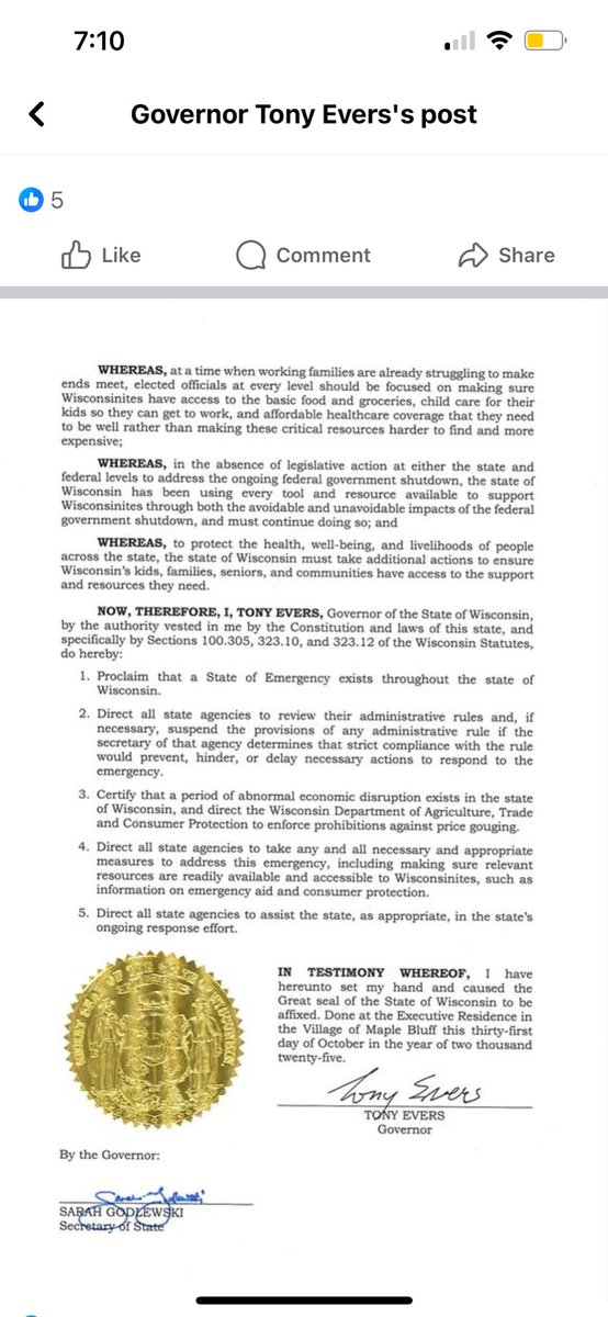 According to the governor, 400,000, or  approximately 12% of the Wisconsin population is on SNAP. Governor is declaring state of emergency and of course, erroneously blames Trump 🤦‍♀️. These are pics of the governor’s FB post…