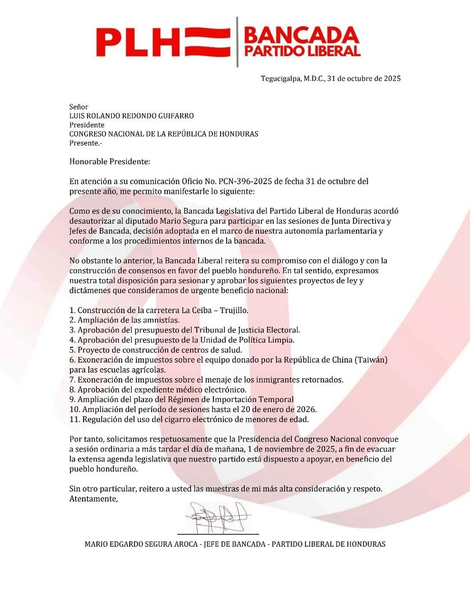 Desde la Bancada <a href="/BancaLiberalHN/">Bancada Liberal</a> del <a href="/PLHonduras/">Partido Liberal de Honduras</a> exigimos al Presidente del Congreso Nacional que convoque a sesión ordinaria y se apruebe una agenda en beneficio del país.