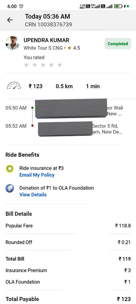 SouravKuma32660's tweet photo. I booked an @Olacabs ride early in the morning for my relatives to reach the railway station. The driver ended the trip midway after just 2 minutes and still charged ₹123. This caused inconvenience and stress at that hour. Please look into this.
CRN: 10038376739
#OlaCabs https://t.co/QpE3Xj10kW