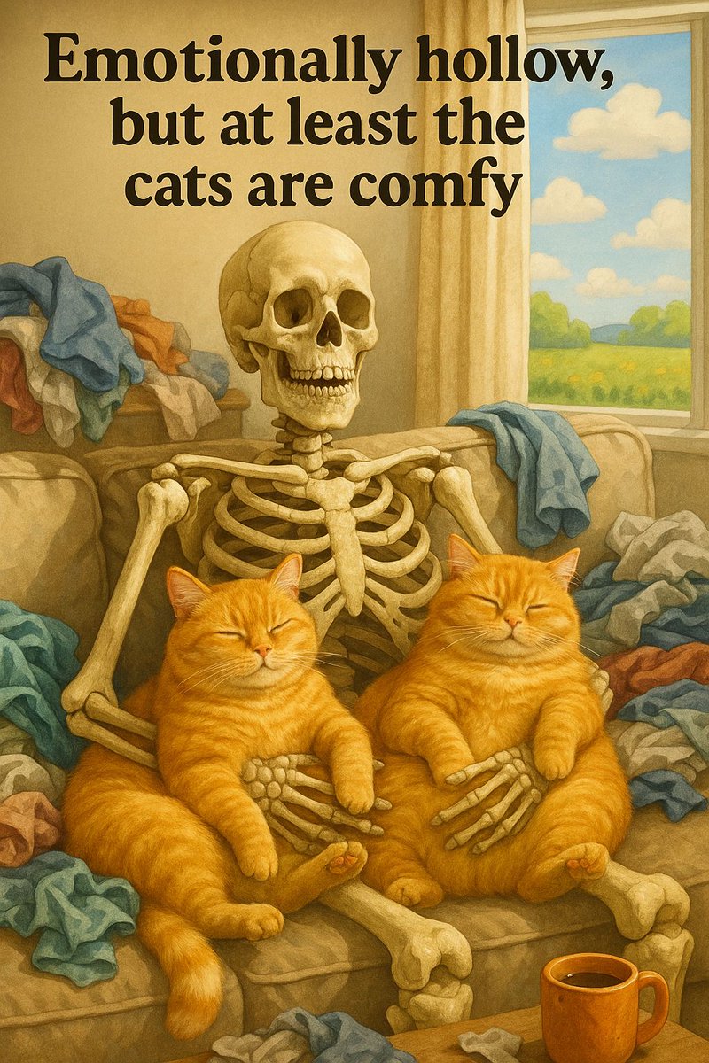 ArtYourCat's tweet image. &quot;Emotionally hollow, but at least the cats are comfy.&quot; 🐾💀 Embrace the irony! #ArtYourCat #CatHumor