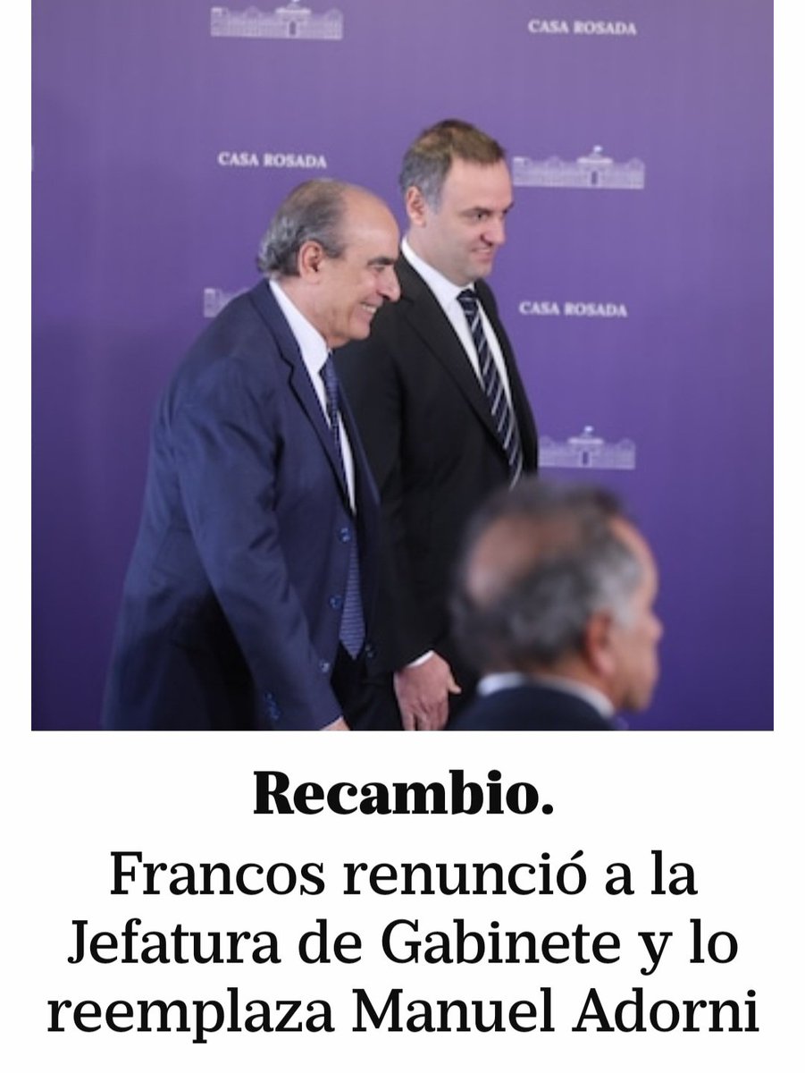 Crónica de un final anunciado
Felicito a <a href="/GAFrancosOk/">Guillermo Francos</a> la dignidad de renunciar ante la negativa de Milei hablar con el .
Otra vez el desagradecimiento de Milei ante sus más valorables colaboradores.
Lo mejor q tenia el gobierno 
Y el trepador Adorni logra lo q busca subir y