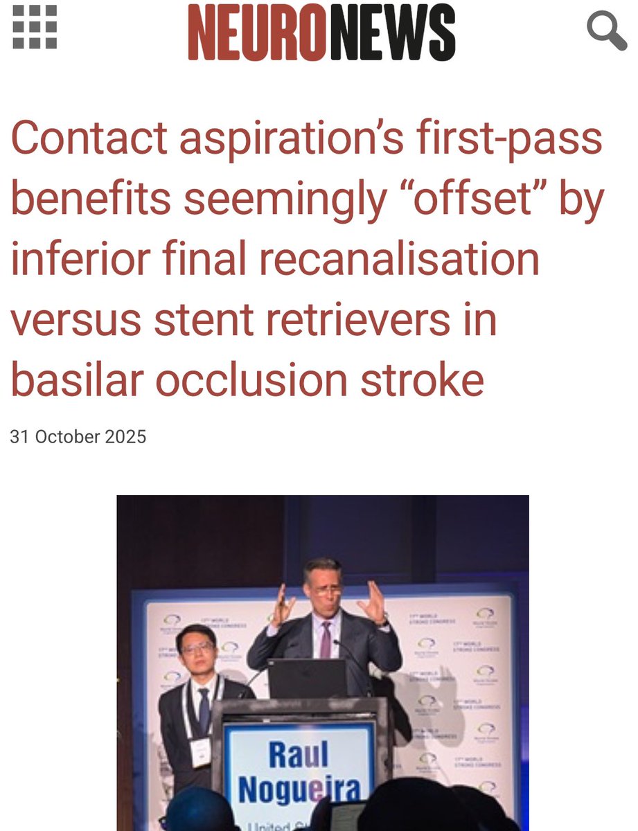 Contact aspiration’s first-pass benefits seemingly “offset” by inferior final recanalisation versus stent retrievers in basilar occlusion stroke
🔗 neuronewsinternational.com/contact-aspira…
<a href="/RaulNogueiraMD/">Raul G Nogueira, MD, FAHA, FSVIN</a> <a href="/PittStroke/">UPittStroke</a> <a href="/PittNeurology/">Pitt Neurology</a>