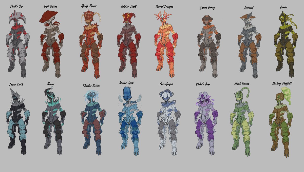 ConfusedFrame's tweet image. Lo! Fungus be upon ye! finally finished this project. ALL 16 fungal friends you can find in the deepmines, now seen as fashion statements for Nokko! #Warframe #tennocreate i wanna know which ones are your favorites!