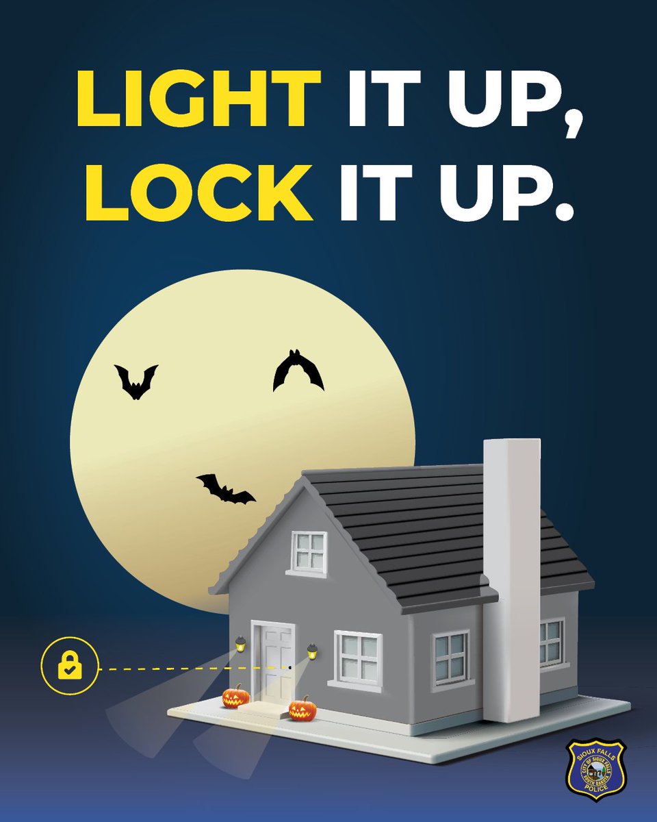 siouxfallspd's tweet image. Halloween is full of tricks and treats — but when the fun is done, it’s time to Light It Up, Lock It Up!

Keep your home and neighborhood safe by turning on exterior lights and locking doors and vehicles. /737