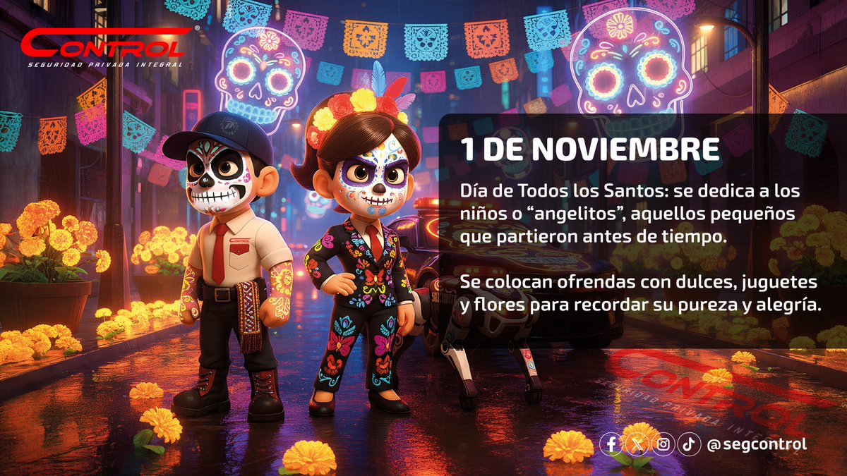 segcontrol's tweet image. 1 de noviembre – Día de Todos los Santos: se dedica a los niños o “angelitos”, aquellos pequeños que partieron antes de tiempo. Se colocan ofrendas con dulces, juguetes y flores para recordar su pureza y alegría.

#ConTodoControl #DíaDeMuertos #TradicionesQueViven