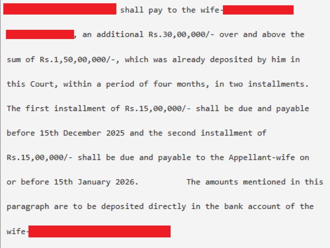 SamSiff's tweet photo. 👰 Wife files divorce in 2013 (No kids)
💰 Not satisfied with ₹1.5 CRORE alimony, demands more!
⚖️ Drags the case for years…
😱 Finally divorced in Oct 2025 — pays ₹1.8 CRORE alimony!
#BanAlimony #JudicialReform #JusticeForMen #StopLegalExtortion https://t.co/8JkFkVGMVr