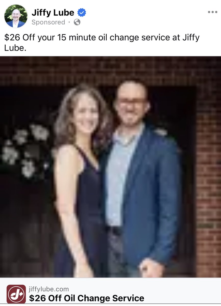 I don’t know what kind of digital sorcery this is, but Jiffy Lube just donned <a href="/derekradney/">Derek Radney</a>’s profile pic as an avatar and shared a blurry photo of me and my wife to try and give me $26 off my next oil change…