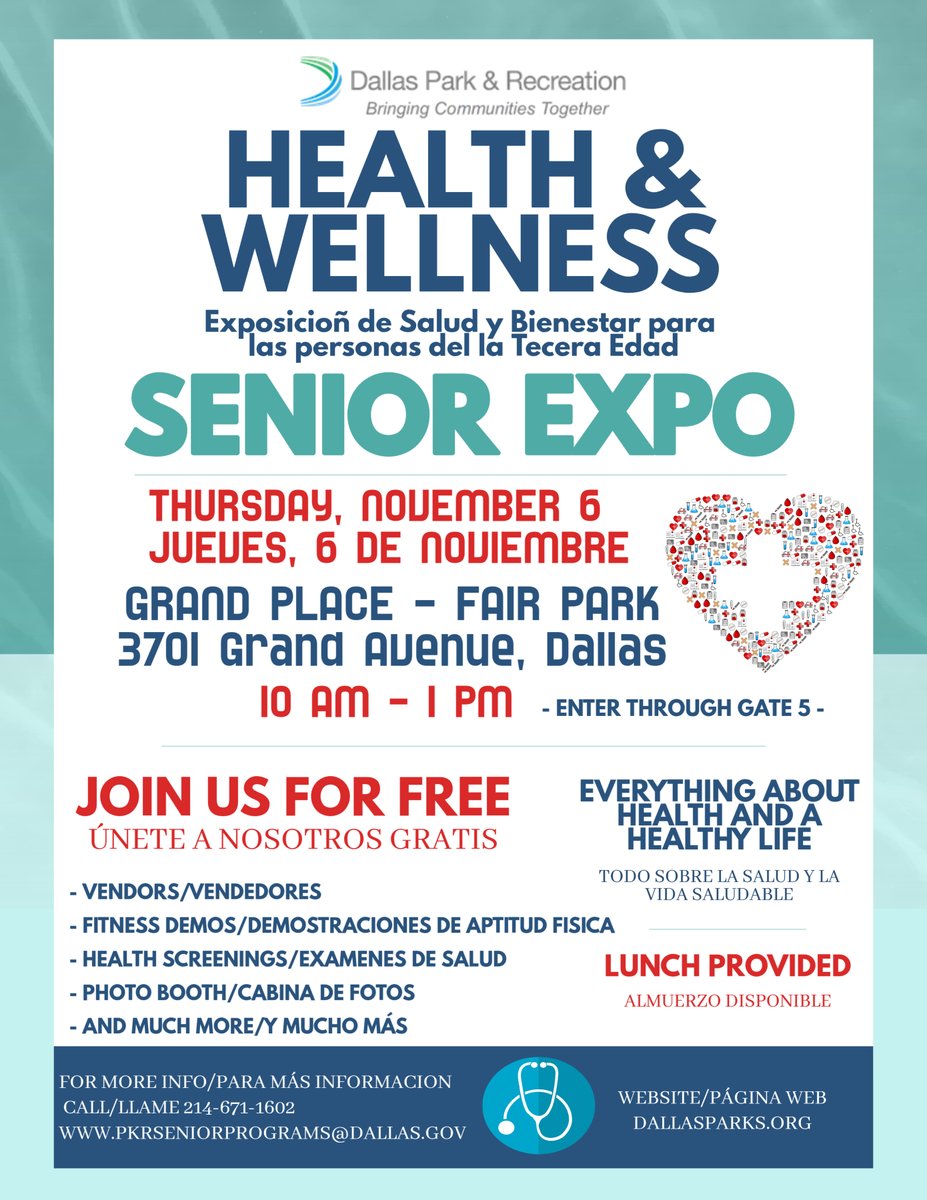 Seniors, let #DallasParks be a part of your healthy life journey! 

Join us for a health and wellness expo at <a href="/fairparkdallas/">Fair Park Dallas</a> and take advantage of the free screenings, demos and more! 🫀⚕️