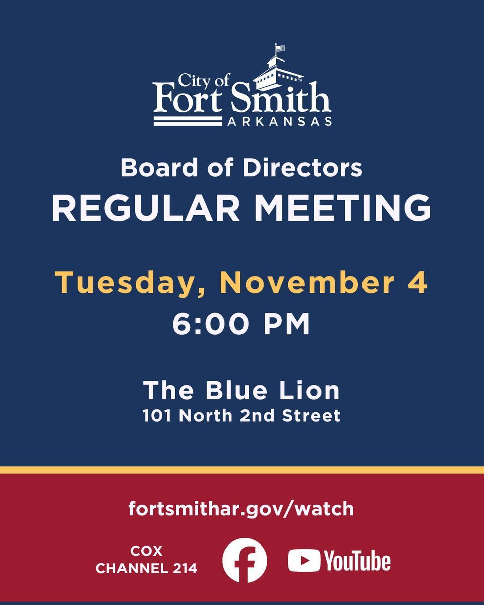 The City of Fort Smith Board of Directors will meet for a Regular Meeting on Tuesday, November 4, at 6:00 PM at the Blue Lion, 101 North 2nd Street.
.
📝 Agenda: cofs.info/4qCKuL0