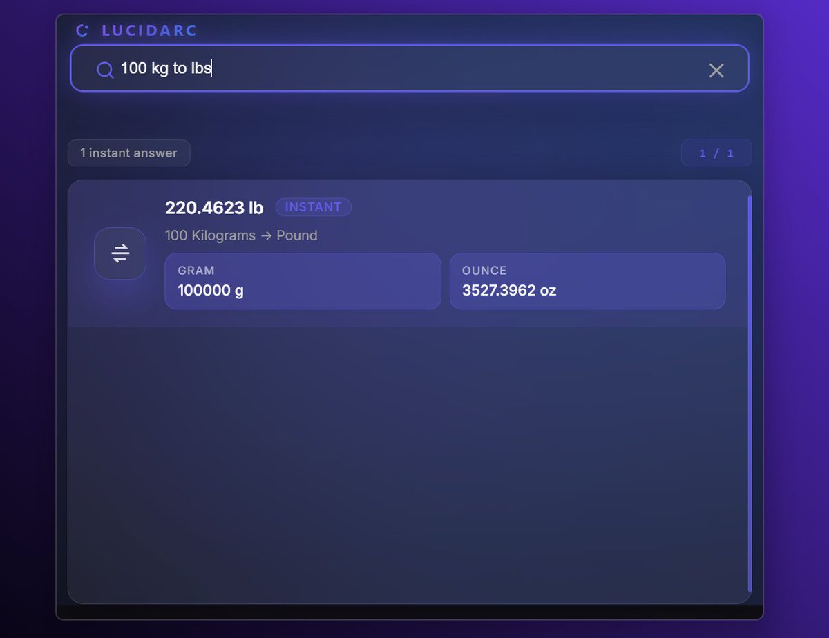 LucidQuery's tweet photo. Instantly convert units, currencies, and perform quick calculations, all in one place using our Instant feature: https://t.co/TIPfZ4DNWu