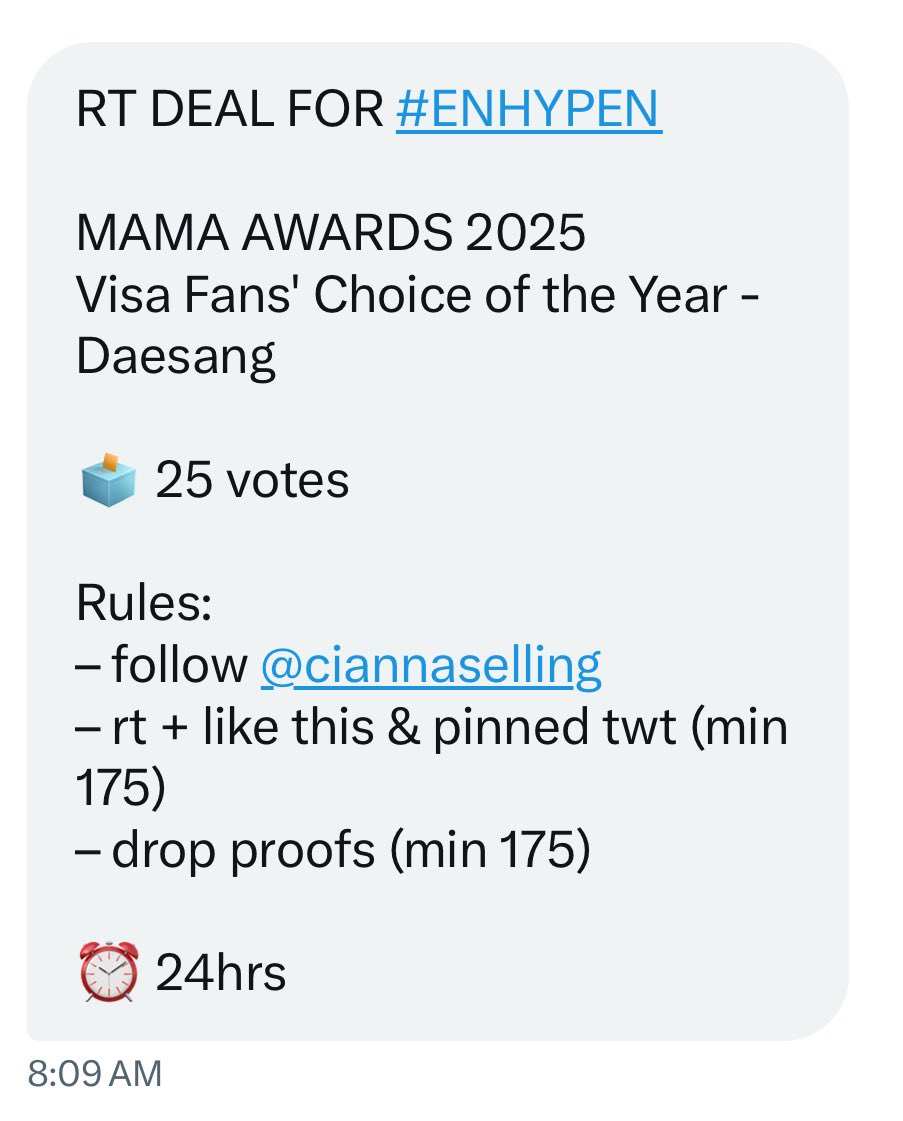 jmlgbrl's tweet photo. RT DEAL FOR #ENHYPEN  

MAMA AWARDS 2025
Visa Fans' Choice of the Year - Daesang

🗳️ 25 votes

Rules:
– follow @ciannaselling
– rt + like this &amp; pinned twt (min 175)
– drop proofs (min 175)

⏰ 24hrs https://t.co/REYt8mlCC2
