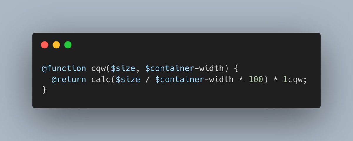 kon_coder's tweet image. コンテナクエリ用のSass関数で
画像みたいに定義したら
任意のコンテナサイズにおける、
任意の要素幅(cqw)を算出してくれるから
ちょっと便利🤏