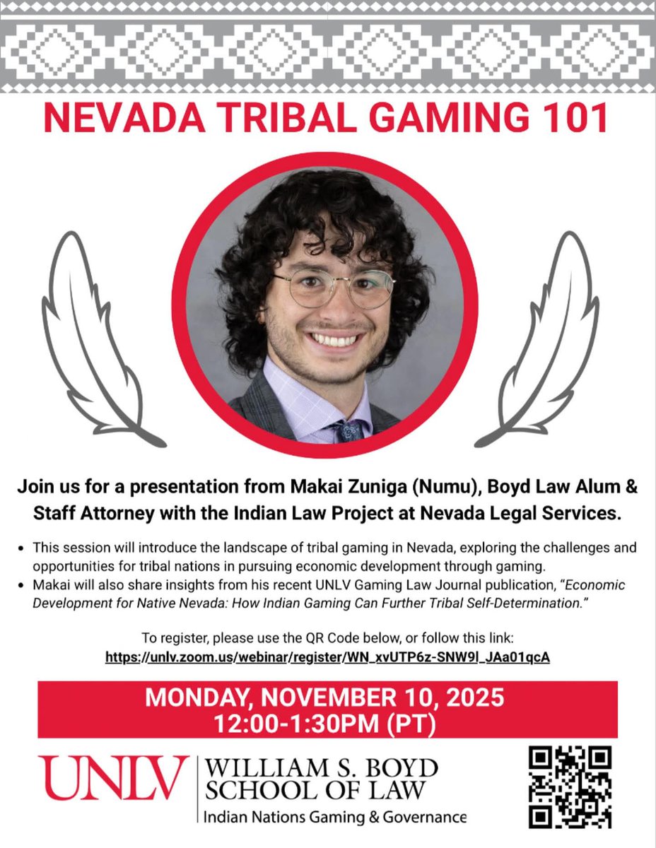 2spiritamericas's tweet image. Join us for a presentation with Boyd Law graduate Makai Zuniga (Numu) as he discusses the current landscape of tribal gaming in Nevada and its role in advancing tribal self-determination.

#tribalgaming #boydlaw #unlvlaw #nevadatribes #nativenations #economicdevelopment