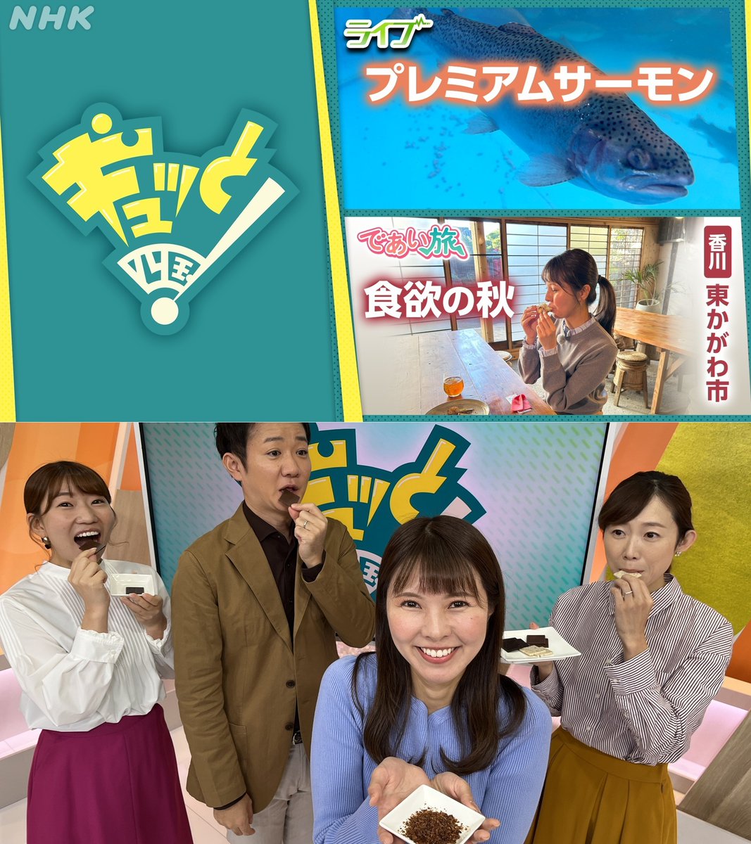 ◥◣ ギュッと!四国 ◢◤

📡愛媛県西条市から中継
新名物！JR四国が挑むサーモンの陸上養殖🐟

🎒香川県東かがわ市の旅
引田で食欲の秋を堪能😋✨伝統の味＆革新の味で満腹旅！

▶️NHK ONEで見逃し配信中👇
web.nhk/tv/an/gyuttosh…
11/8㈯ 午前8時まで