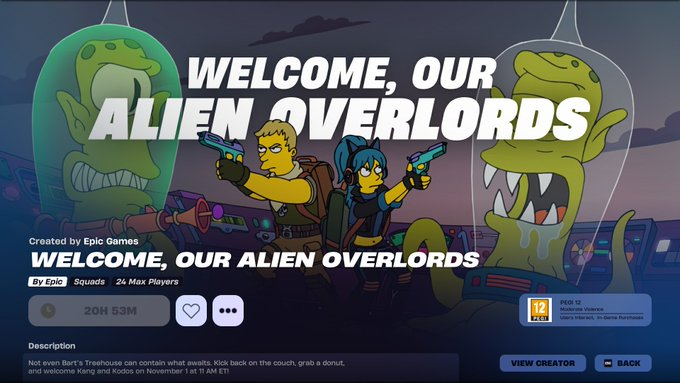 kroocofortnite's tweet photo. 👽 ALIEN OVERLORDS LIVE EVENT - NOVEMBER 1‼️ 👽

🕚 Event: 11 AM ET
⏳ Downtime: 11:30 AM ET (3:30 PM UTC)

🔥 v38.00 Update (The Simpsons mini season) drops later the same day, taking us straight to Springfield!

USE CODE 'KROOCO'
#Fortnite #AlienOverlords #TheSimpsons https://t.co/2QLcAMQqjs