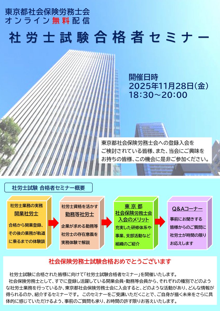 tokyosr_'s tweet photo. 【社会保険労務士試験合格者の皆さまへ】
 東京都社会保険労務士会では、2025年11月28日（金）18：30より、試験合格者で東京都社会保険労務士会にご入会を検討されている皆様に、入会や当会の活動に関する会員の体験談などをお伝えするオンラインセミナーを開催します！
このセミナーでは、お申込みの際にお受けした皆様の質問などを可能な限りお答えする場も設けております。合格した社会保険労務士の登録、東京会に入会をご検討されている方、社労士登録に興味のある方も、是非ご参加ください！

◆開催案内
    https://t.co/LL5NeuoQgC
◆申込URL
    https://t.co/u2G3kYJn1f

#東京都社労士会　#合格者セミナー
#社労士試験