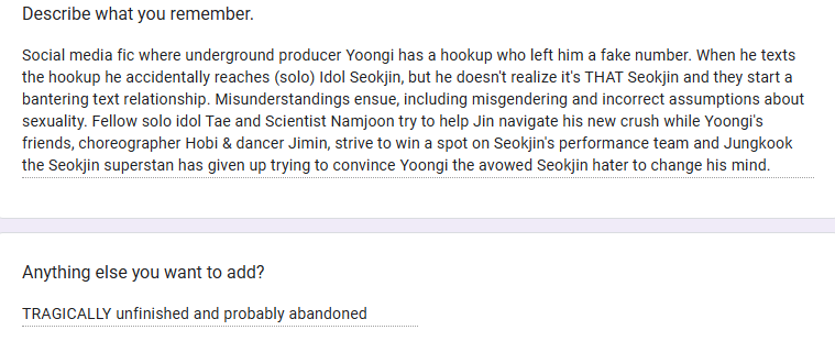Looking For!

Ship: YoonJin-

Social media fic where underground producer Yoongi has a hookup who left him a fake number. When he texts the hookup he accidentally reaches (solo) Idol Seokjin, but he doesn't realize it's THAT Seokjin and they start a bantering text relationship.