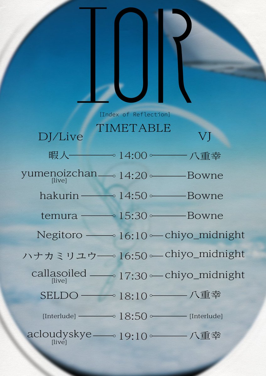 【重要なお知らせ】
本日開催の #IOR1101 について、acloudyskye様が搭乗する予定だった飛行機が天候の関係で大幅に遅延しているため、タイムテーブルが以下のように変更となります。ご確認ください。