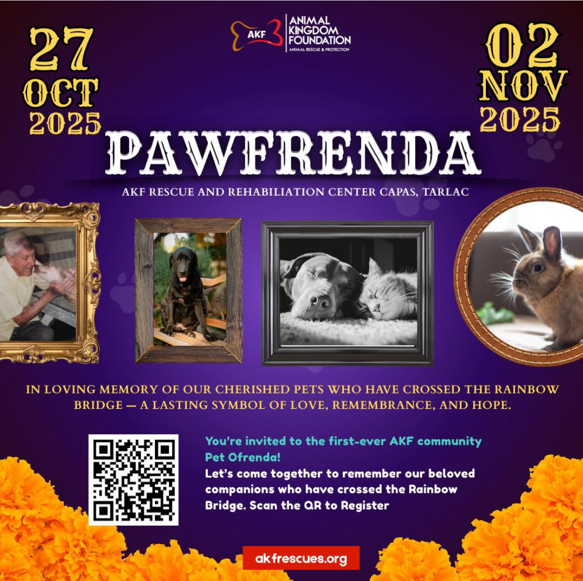Join AKF’s Pawfrenda, a memorial offering for your dearly departed pets, show their photos,  your love notes, poems and messages. We would be happy to celebrate  them in our pawfrenda offering Table.
🔗Registration Link: tinyurl.com.