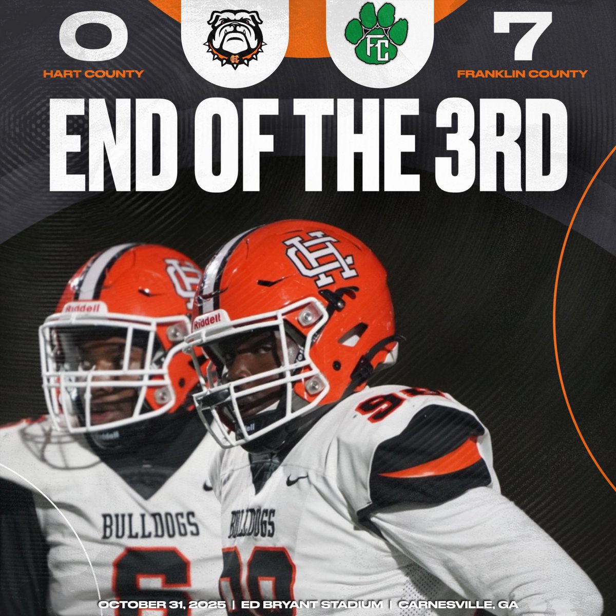 hartcountyfb's tweet photo. End of the 3rd QTR at Ed Bryant Stadium: Hart County - 0, Franklin County - 7
Watch the game LIVE on https://t.co/Pn43TNSipz!
#GoDogs #BulldogNation #CommitToTheHC #OneHartBeat https://t.co/DzLnA4KjDz