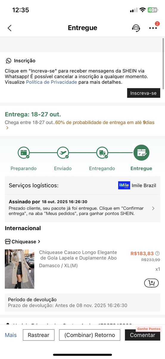 hadyja_'s tweet photo. Eu fiz um pedido na @SHEIN_Official internacional no dia 10/10/2025 é o pedido foi entregue dia 18/10/2025 transportadora Imile. No dia 21/10/2025 comprei uma bota na Shein nacional e quem vem entregar? Isso mesmo essa transportadora Imile 🤡 Simplismo o endereço não existe????🫩 https://t.co/b2CxyzDNSb