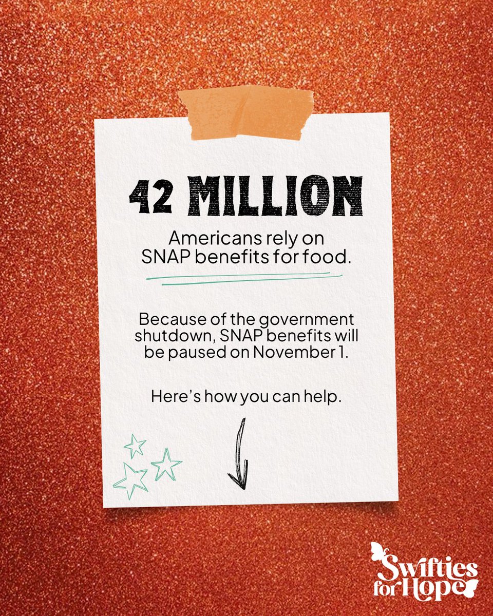 They aren’t gonna change this, we gotta do it ourselves! 🧡

42 million Americans rely on SNAP benefits for food. Because of the government shutdown, SNAP will be paused tomorrow.

Here are 3 ways to help our neighbors stay fed, including our fundraiser for <a href="/FeedingAmerica/">Feeding America</a> 🍽️