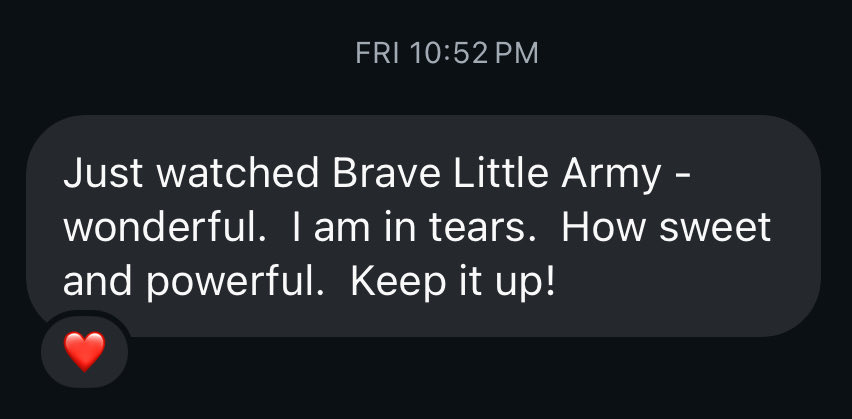 The thing I love most about festivals is sharing my work with folks who’d never find it otherwise. Case in point: after last week’s <a href="/HamiltonFilm/">Hamilton Film</a> screening of Brave Rebel
Army, an audience member went home, rented Brave Little Army (vucavu.com/en/winnipegfil…) and sent me this note.