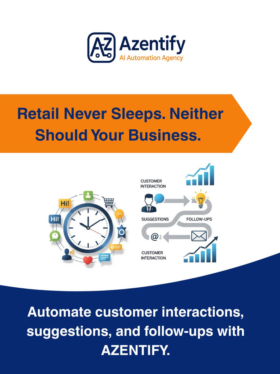 azentify_agency's tweet image. Keep your retail running 24/7 with Azentify.

Smarter automation, happier customers, better results.

Visit us at Azentify.com

#RetailAutomation #SmartCommerce #Azentify #EcommerceAI #CustomerExperience #RetailTechnology #SalesAutomation #SmartBusiness #AIinRetail