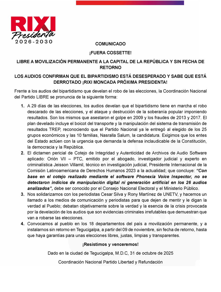 ¡FUERA COSSETTE! 

LIBRE A MOVILIZACIÓN PERMANENTE A LA CAPITAL DE LA REPÚBLICA Y SIN FECHA DE RETORNO.

LOS AUDIOS CONFIRMAN QUE EL BIPARTIDISMO ESTÁ DESESPERADO Y SABE QUE ESTÁ DERROTADO ¡RIXI MONCADA PRÓXIMA PRESIDENTA!