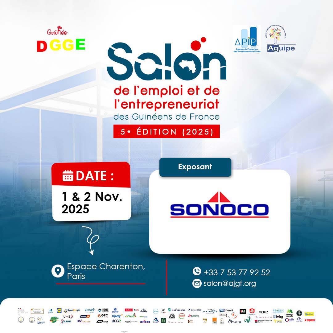 Réservez vos places ici 👉 urls.fr/iFbwj0

Le Groupe Sonoco, acteur majeur et certifié dans les secteurs de l’agro-industrie, de la minoterie, des boissons, de l’immobilier et de la métallurgie, contribue depuis de nombreuses années au développement de la Guinée upe.