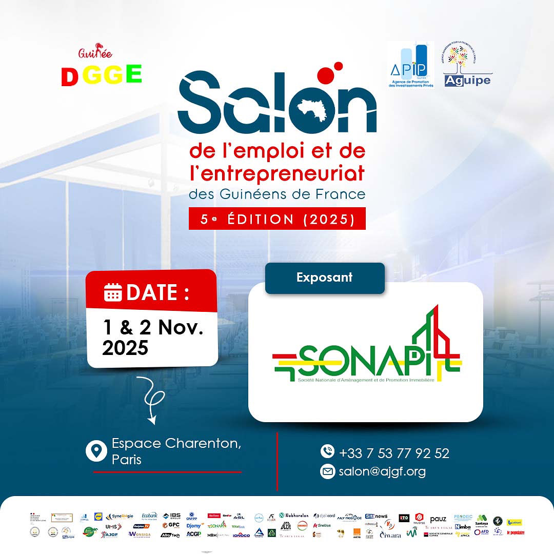 🎟️ Réservez vos places dès maintenant 👉 urls.fr/iFbwj0

La Société Nationale d’Aménagement et de Promotion Immobilière - Sonapi SA, participera à la 5e édition du Salon en tant qu’exposant.