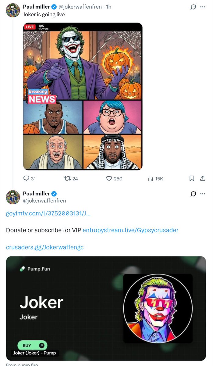 cfm_sol's tweet image. $Joker 300k dyor

CA:fbXeZEtrYCSj4oef589UvY8pTjSmByX6TAsLbgdpump

okx wallet:web3.okx.com/ul/9wDwzhI?ref…

gmgn:gmgn.ai/sol/token/bSBY…

Token Narrative:Paul Miller is an extreme right-wing account known for live-streaming in Joker makeup, engaging in Nazi cosplay, and spreading…