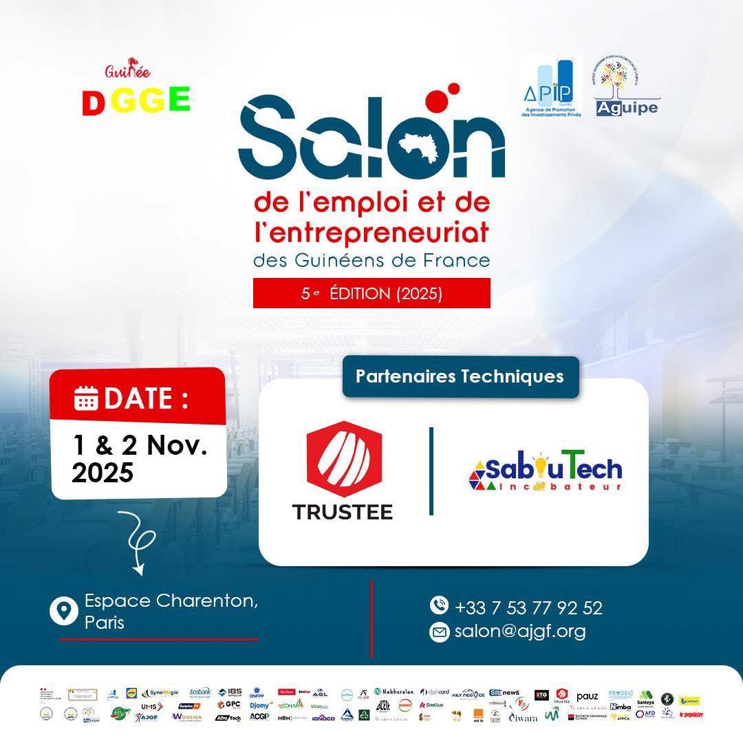 🎟️ Réservez vos places dès maintenant 👉 urls.fr/iFbwj0

Les incubateurs Trustee et Saboutech qui accompagnent les différentes start-up guinéennes à accroître dans leur domaine, seront à la 5e édition du Salon pour dénicher les entrepreneurs qui font la différence.