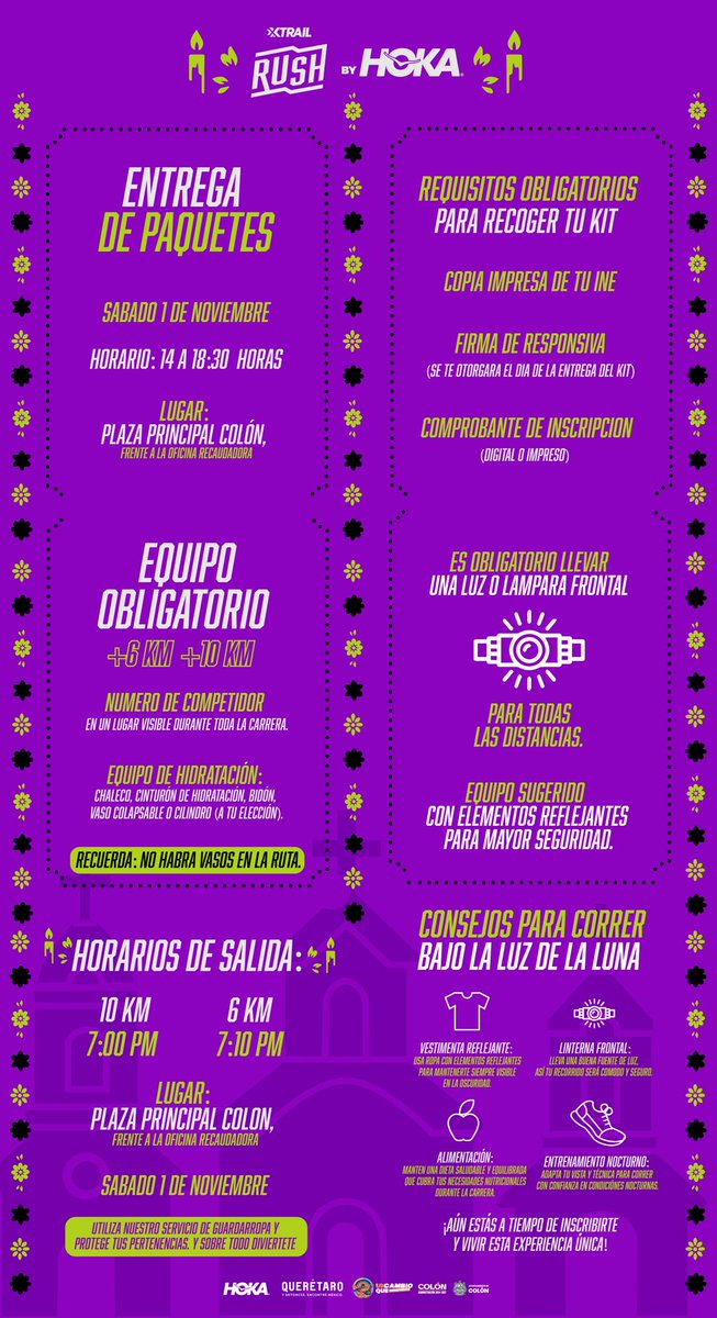 El 1 de noviembre, correremos en la noche más mágica del año, honrando el Día de Muertos en un pueblo emblemático de Querétaro.
¡Vive la tradición de una manera única y épica! 💀

Hora de salida: 
10 km 7:00 pm 
6 km 7:10 pm
maps.app.goo.gl/CZtbDW4zPNCQft…