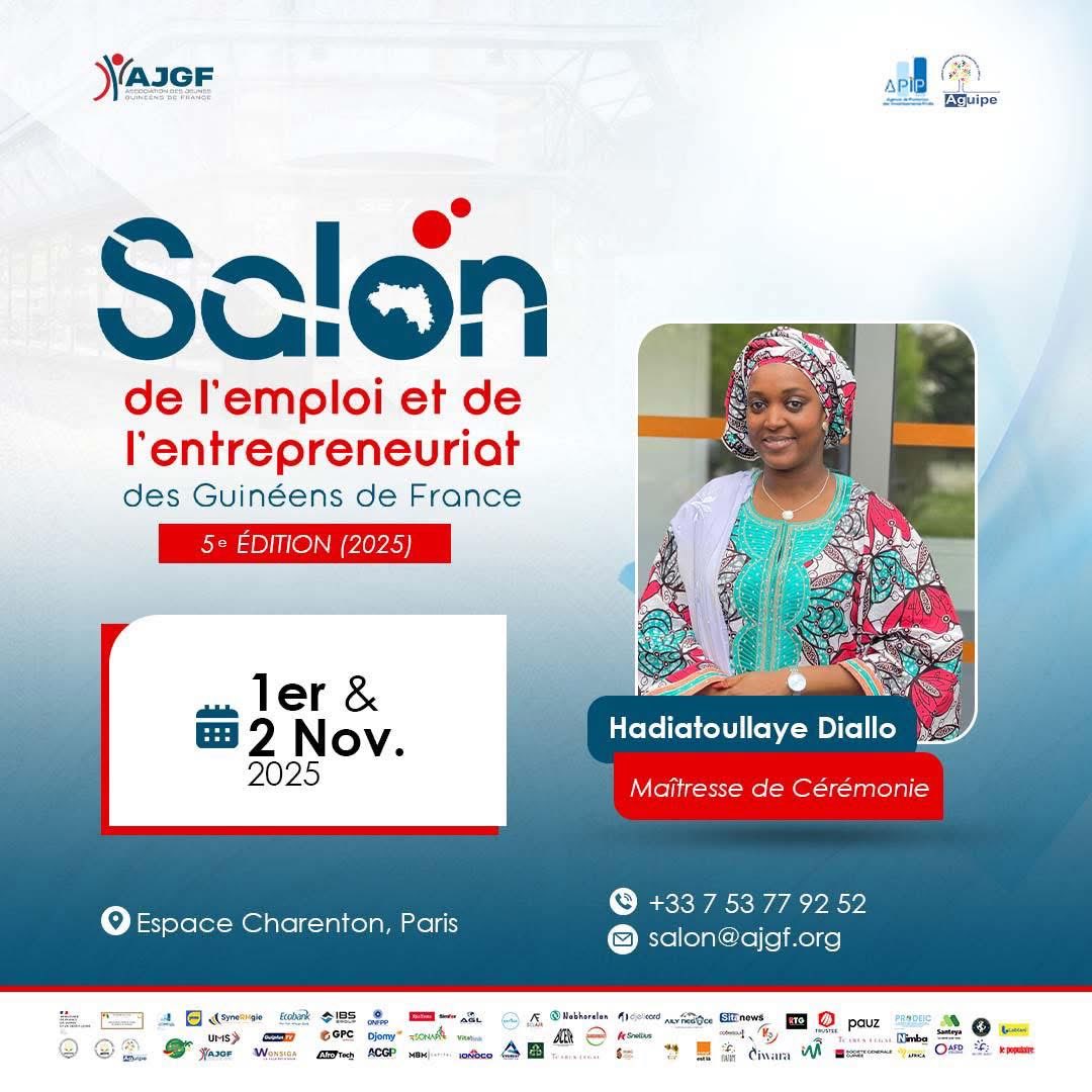 🎟️ Réservez vos places ici 👉 urls.fr/iFbwj0

Nous avons le plaisir de vous présenter la Maîtresse de Cérémonie de la 5e édition du Salon, Hadiatoullaye Diallo ~ Toullaye Diallo, spécialiste en communication. 

#SalonAJGF2025 #Recrutement #Entrepreneuriat #InvestirEnGn