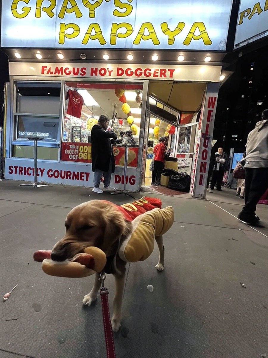 Trick or treat. Dog as hot dog eating hot dog.