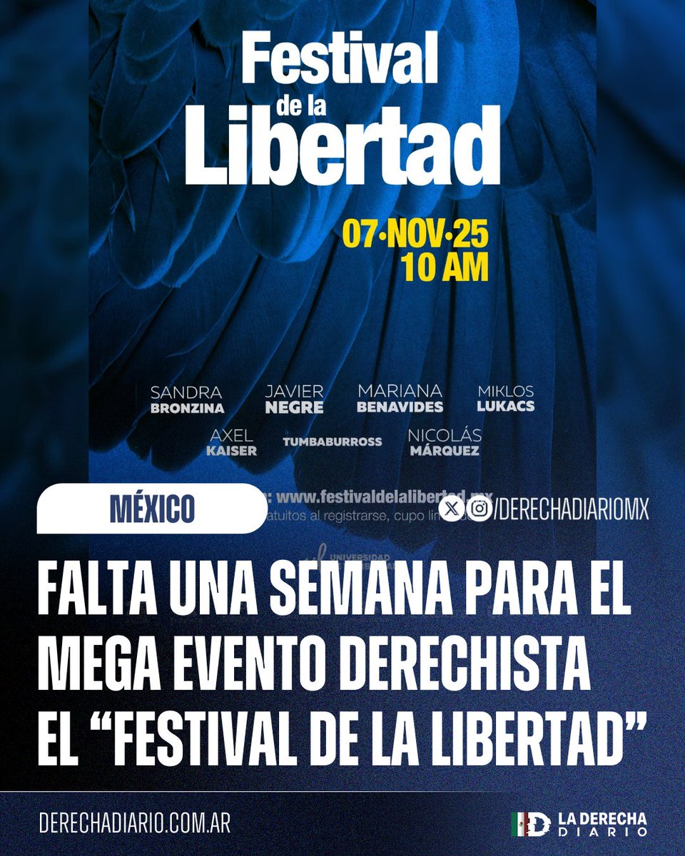 🚨🇲🇽 | IMPERDIBLE: Falta solo una semana para el Festival de la Libertad, en donde líderes y pensadores de la derecha internacional se reunirán para exponer sus ideas sobre el rumbo del mundo libre y defender los valores que el autoritarismo intenta erradicar. ¡No te lo pierdas!