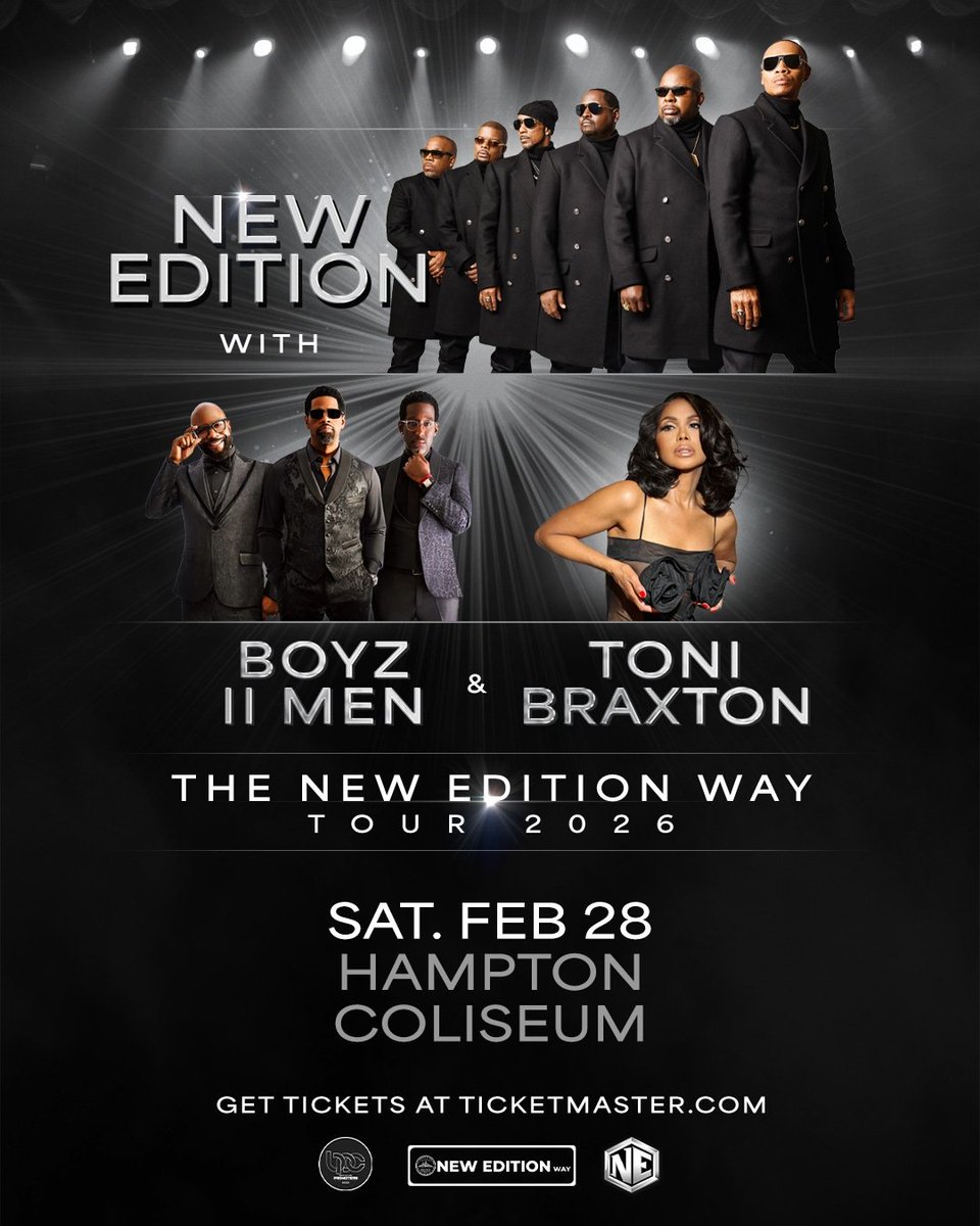 General sales for The New Edition Way Tour began today!
.
Please note ticket sales for the Hampton, VA show scheduled on Feb 28, 2026 will begin next week:

🎟️ One Day Presale: Nov 6 at 10am - 11:59pm 
🎟️ General Sale: Nov 7 at 10am

For more info, visit HamptonColiseum.org