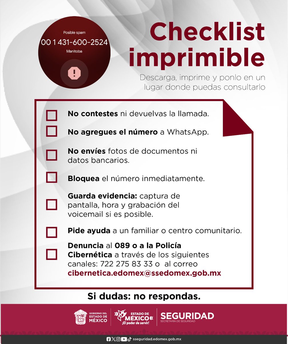 SSEM_VialEdomex's tweet image. ☎️🔴 Si recibes llamadas de un número desconocido o #Spam, no contestes, podría ser una trampa de la delincuencia.

👮‍♂️👉 ¡Te compartimos la siguiente información para que no caigas!

#Denuncia a la línea 0️⃣-8️⃣-9️⃣.