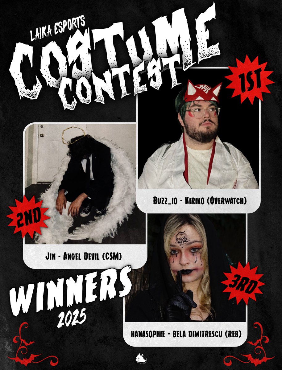 Community Costume Contest Winners! 🔥

1st Place: <a href="/buzz_io/">Logan </a> | Kiriko 
2nd Place: <a href="/penguincat_/">jin</a> | Angel Devil 
3rd Place: <a href="/HanaSophieee/">HanaSophie</a> | Bela Dimitrescu

A HUGE THANK YOU to everyone who participated this year! Have a safe and happy Halloween! 🕸️ 🎃

#LaikaEsports | #Halloween2025