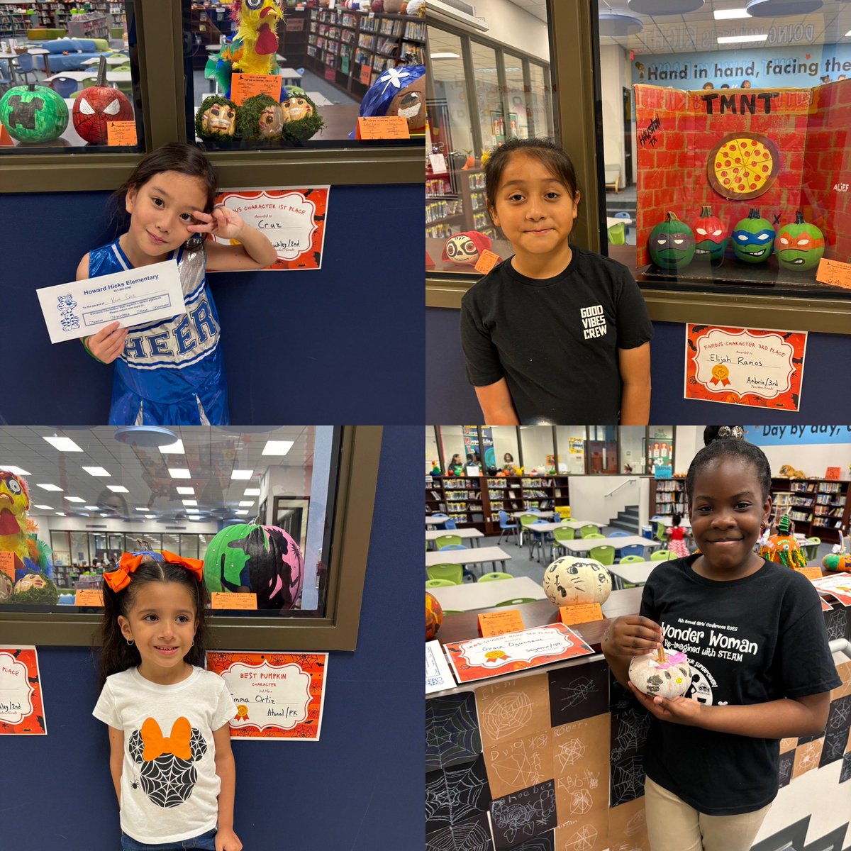 HicksLibrary's tweet image. Congratulations to the winners of our annual pumpkin contest! What a fabulous display of creativity! #fallfun  @HicksTigers